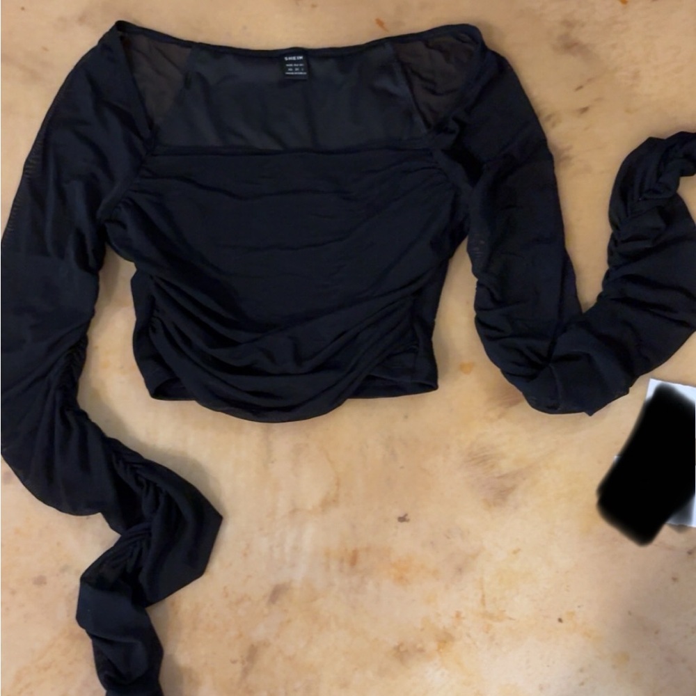 SHEIN Black Ruched Long Sleeve Blouse